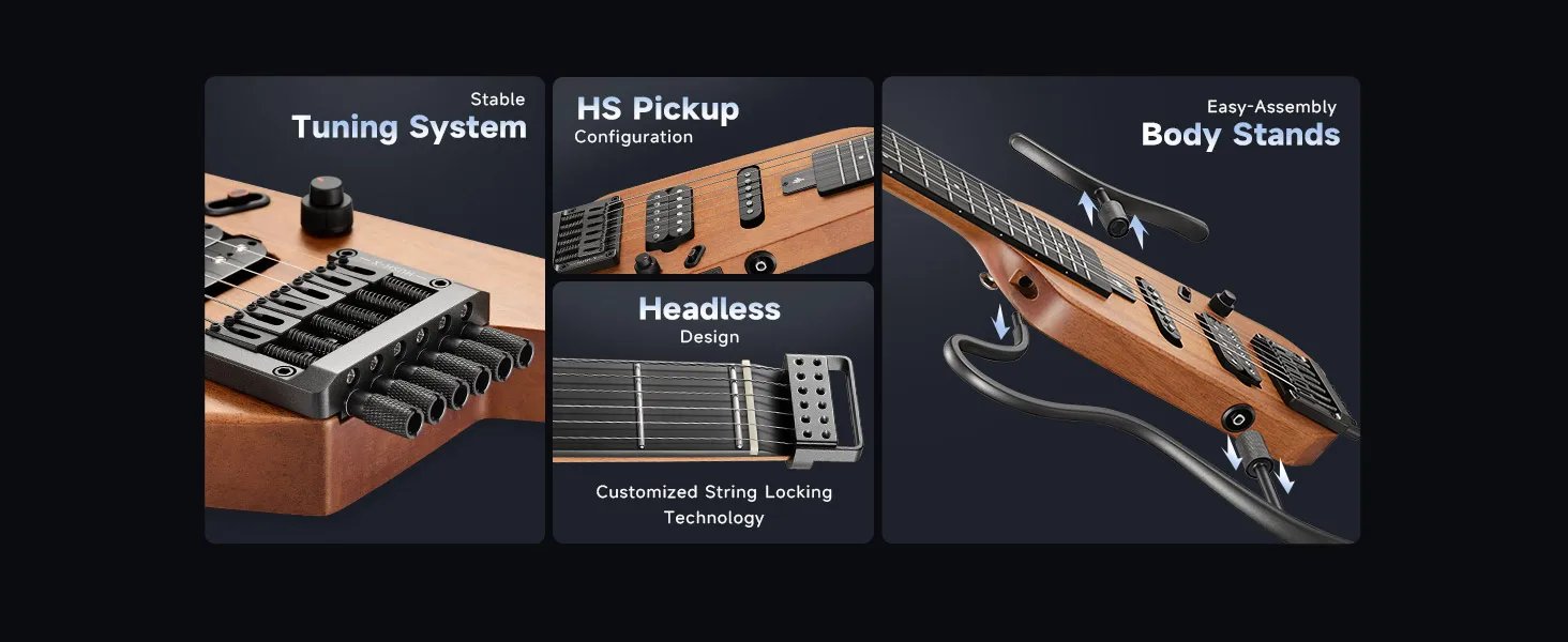 Donner HUSH-X Electric Guitar Kit - hush x Headless Guitar, Great for Travel and Practice, Mahogany Solid Body with Easy A