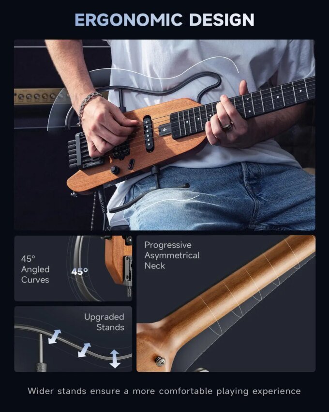 Donner HUSH-X Electric Guitar Kit - hush x Headless Guitar, Great for Travel and Practice, Mahogany Solid Body with Easy A - Image 4