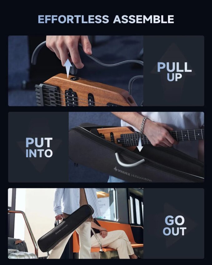 Donner HUSH-X Electric Guitar Kit - hush x Headless Guitar, Great for Travel and Practice, Mahogany Solid Body with Easy A - Image 3