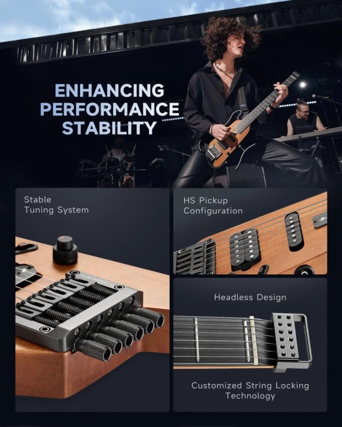 Donner HUSH-X Electric Guitar Kit - hush x Headless Guitar, Great for Travel and Practice, Mahogany Solid Body with Easy A - Image 5