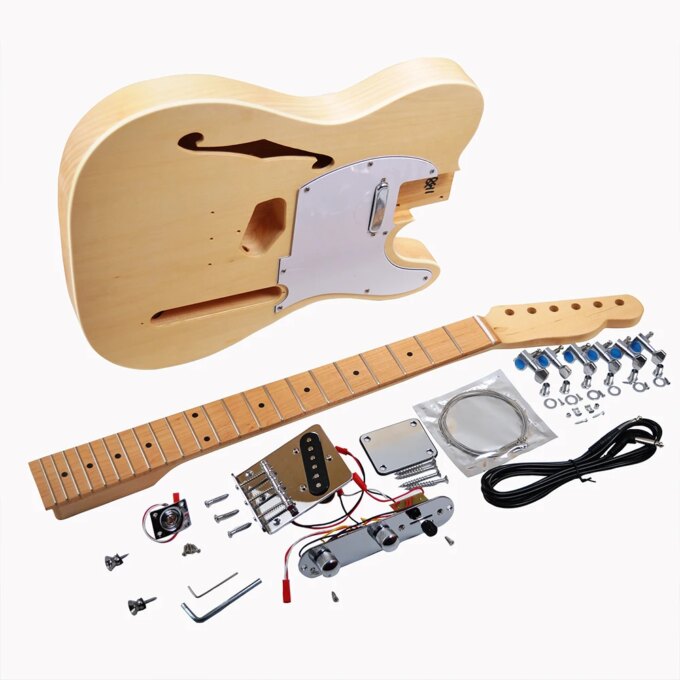 RSW-DIY Electric Guitar Kit with Semi Hollow Basswood Body, Maple Neck and Fingerboard, 22 Frets