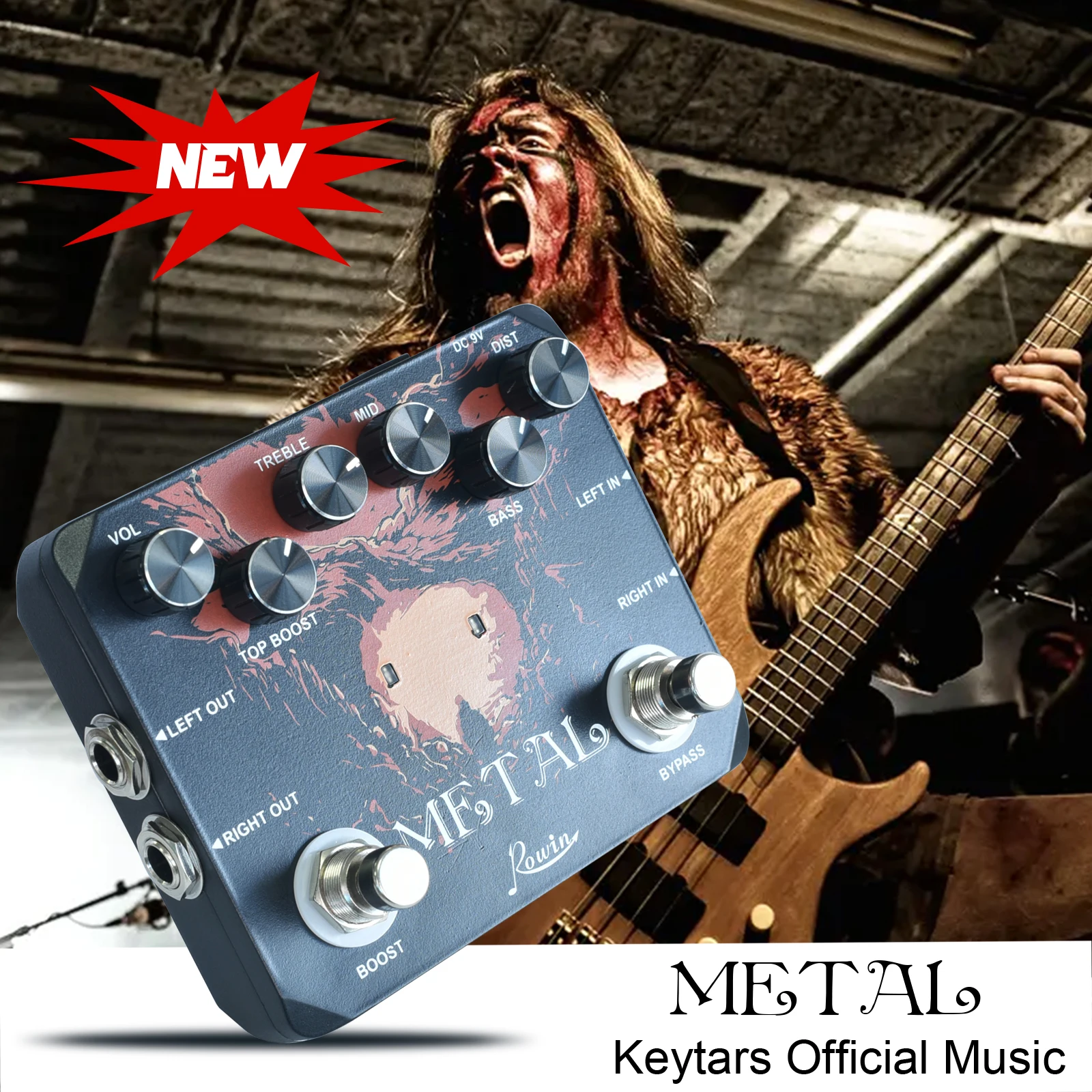 Rowin Heavy Metal Distortion Guitar Effect Pedal with 80s or 90s Metal Sounds Crazy Metal Sounds and Earphone Useable Output