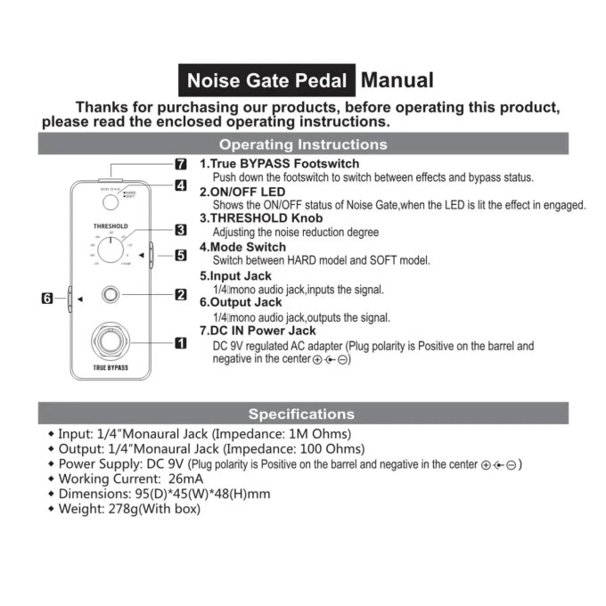 Rowin Noise Gate Guitar Pedal Guitar Effect Pedals Noise Suppression Effects For Electric Guitar Hard Soft 2 Modes - Image 6