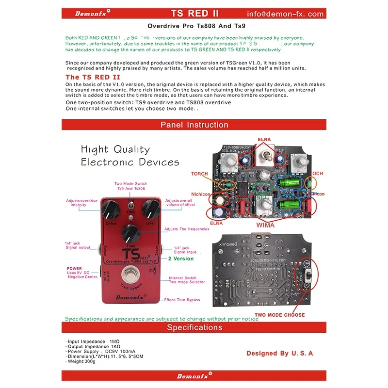 High Quality NEW Demonfx TS RED II TS GREEN  Combine TS9 And TS808 Overdrive Booster Guitar Effect Pedal Hole Device