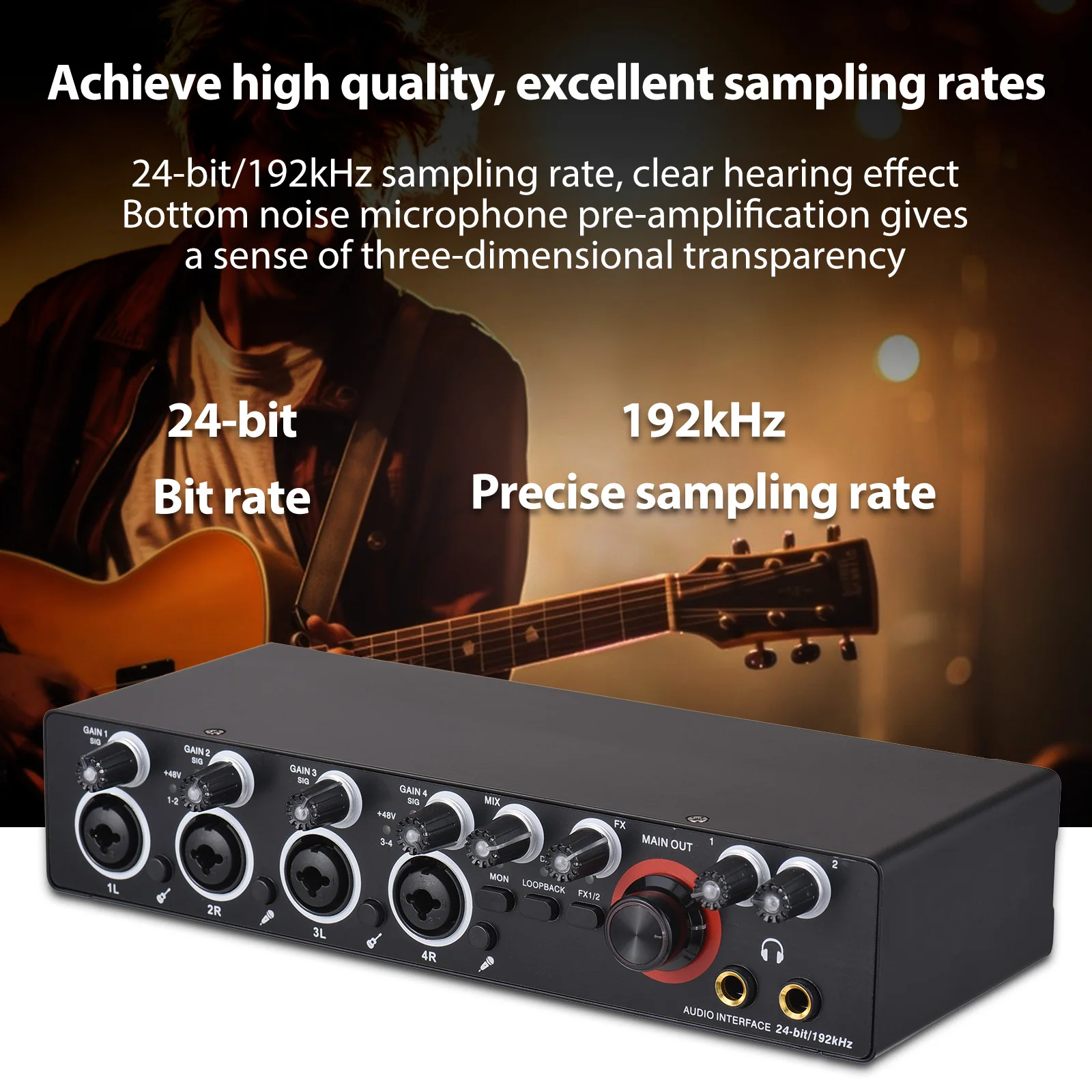 4 Channels Recording Sound Card with Driver Free Audio Interface 4-in 4-out USB Live Sound Card 24 bit/192khz 48V Phantom Power