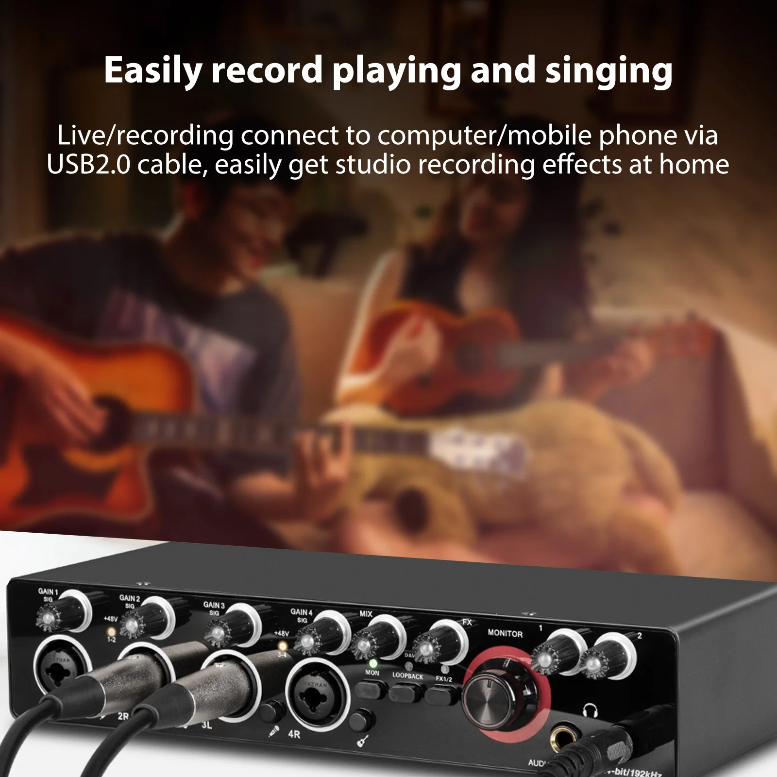 4 Channels Recording Sound Card with Driver Free Audio Interface 4-in 4-out USB Live Sound Card 24 bit/192khz 48V Phantom Power