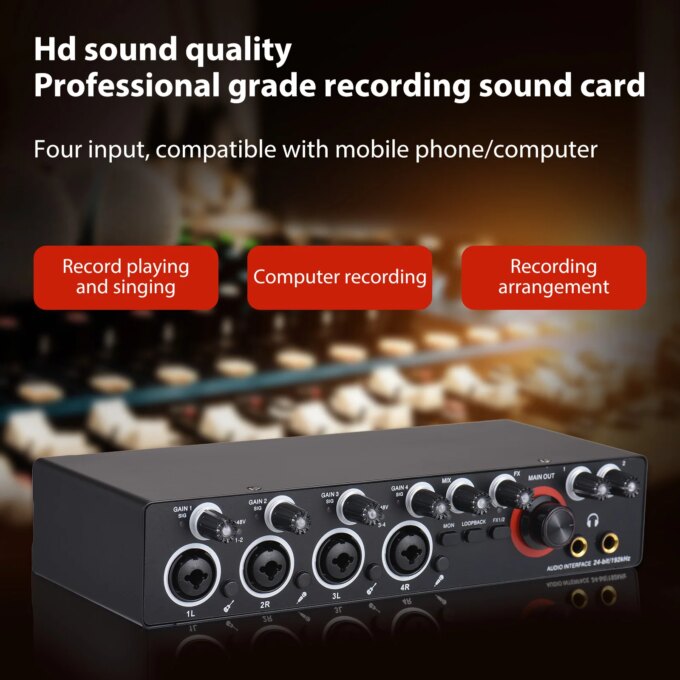 4 Channels Recording Sound Card with Driver Free Audio Interface 4-in 4-out USB Live Sound Card 24 bit/192khz 48V Phantom Power - Image 6