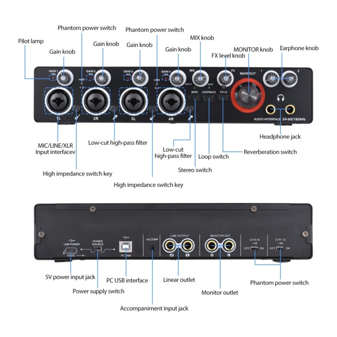 4 Channels Recording Sound Card with Driver Free Audio Interface 4-in 4-out USB Live Sound Card 24 bit/192khz 48V Phantom Power - Image 3