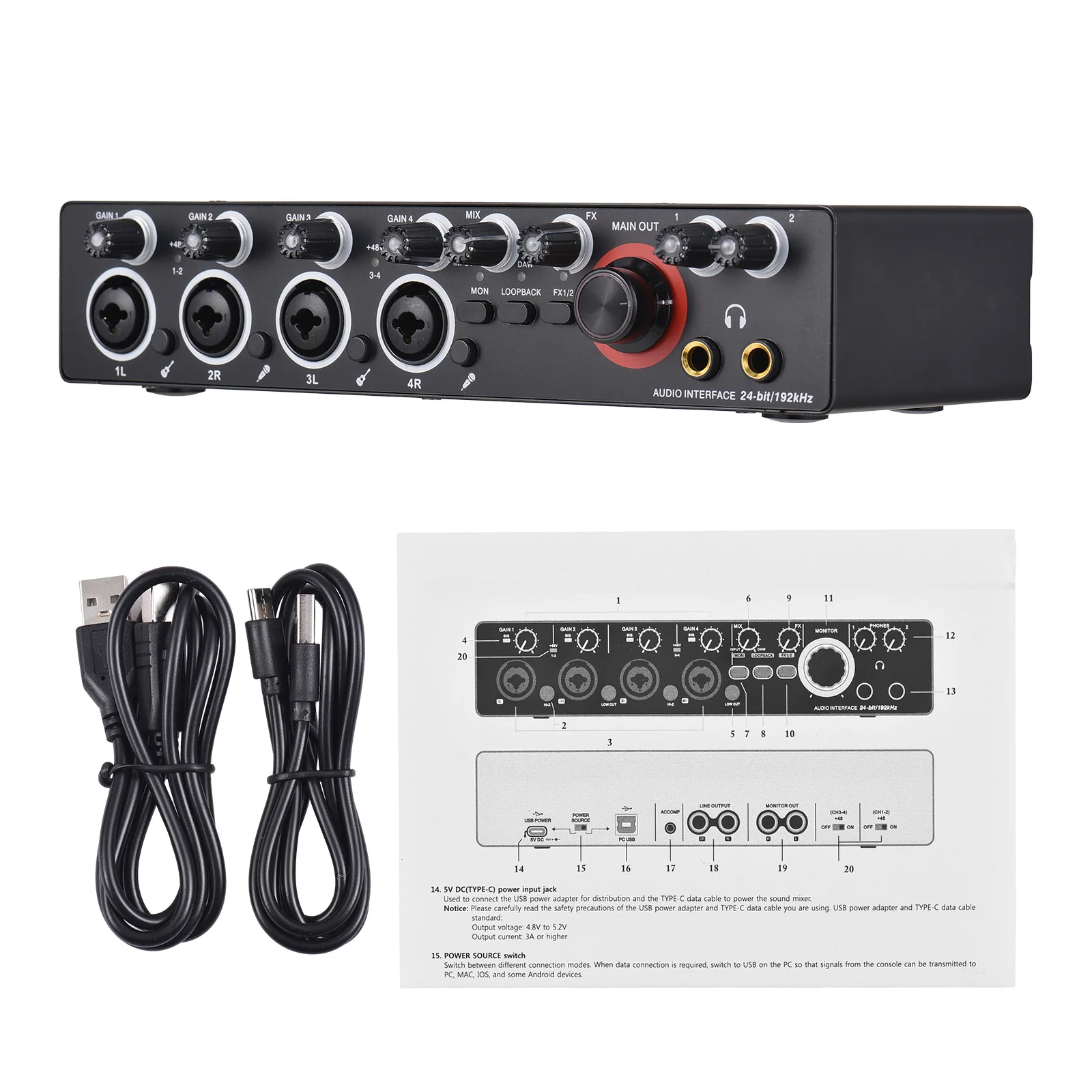 4 Channels Recording Sound Card with Driver Free Audio Interface 4-in 4-out USB Live Sound Card 24 bit/192khz 48V Phantom Power