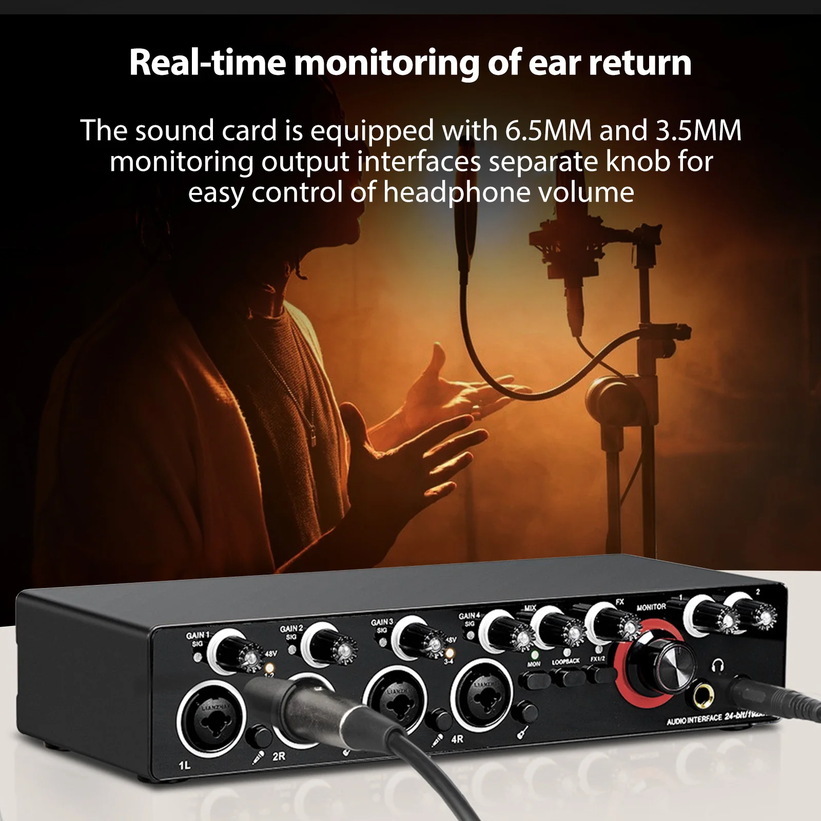 4 Channels Recording Sound Card with Driver Free Audio Interface 4-in 4-out USB Live Sound Card 24 bit/192khz 48V Phantom Power