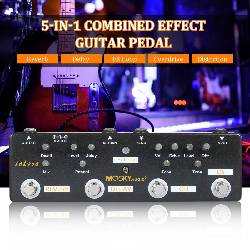 MOSKY Audio SOL918 5-in-1 Multi Effect Pedal Combined Effect Guitar Pedal True Bypass Multi-in-one Combined Effect