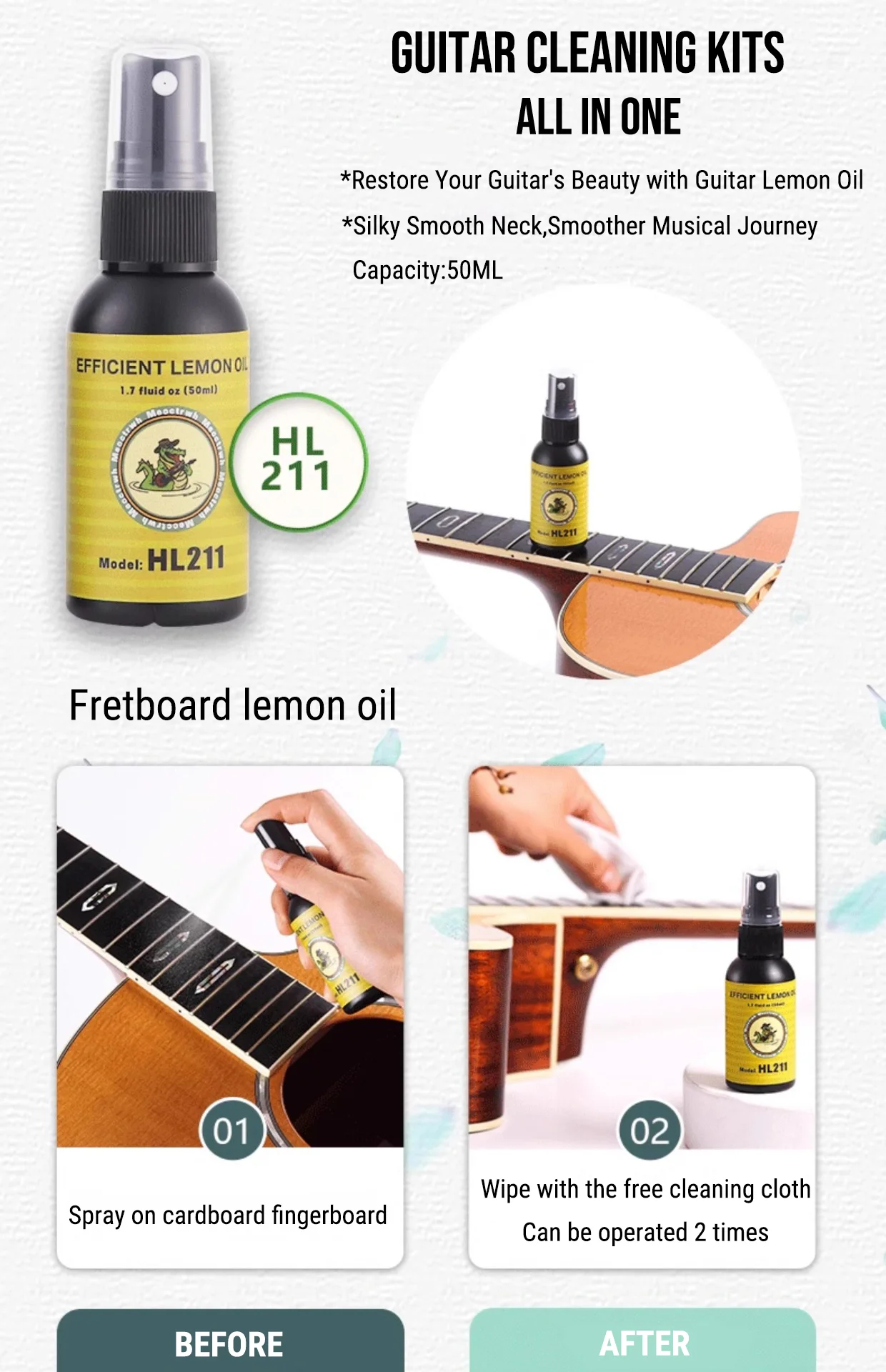 Guitar Cleaning All IN ONE Kit fretboard Lemon Oil Polish String Cleaner Guitar string winder for Guitar Cleaning Maintenance