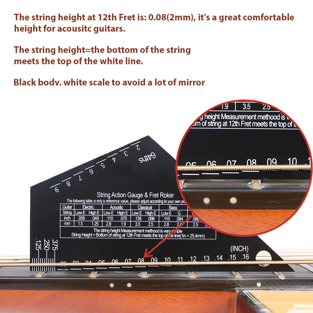 Guitar String Action Gauge Black Triangle Electric Guitar Leveling Gauge String Height Fret Rocker 1mm Thickness Stainless Steel