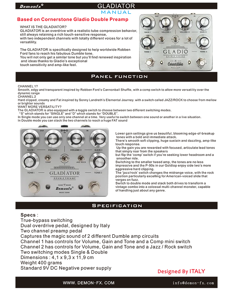 Demonfx GLADIATOR Guitar Effect Pedal Distortion Overdrive  Dual Overdrive Preamp With True Bypass NEW