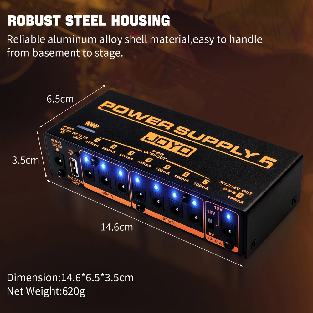 JOYO JP-05 Guitar Effect Pedal Power Supply Rechargeable 4400mAh Battery 8 Isolated DC Outputs 9V 12V 18V Guitar Effect Power