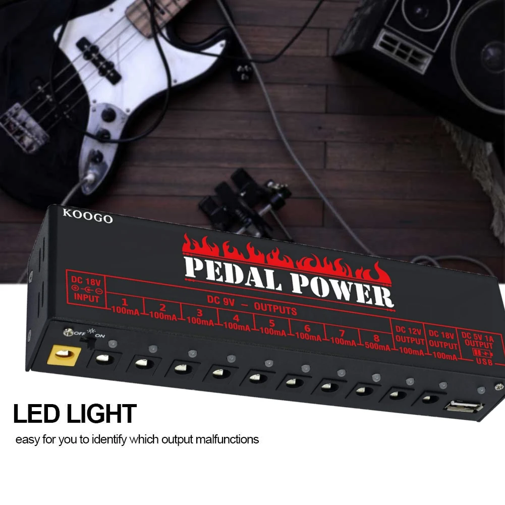 Koogo Guitar Effects Pedal Power Supply 10 Isolated DC Source Output 1USB 5V Port  Effector Power Supply  9V 12V 18V PedalBoard