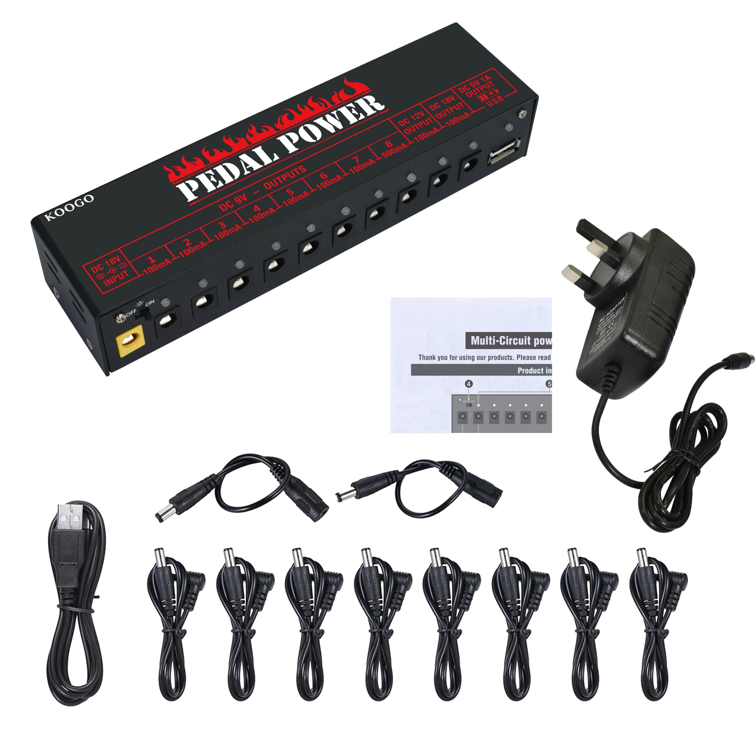 Koogo Guitar Effects Pedal Power Supply 10 Isolated DC Source Output 1USB 5V Port  Effector Power Supply  9V 12V 18V PedalBoard