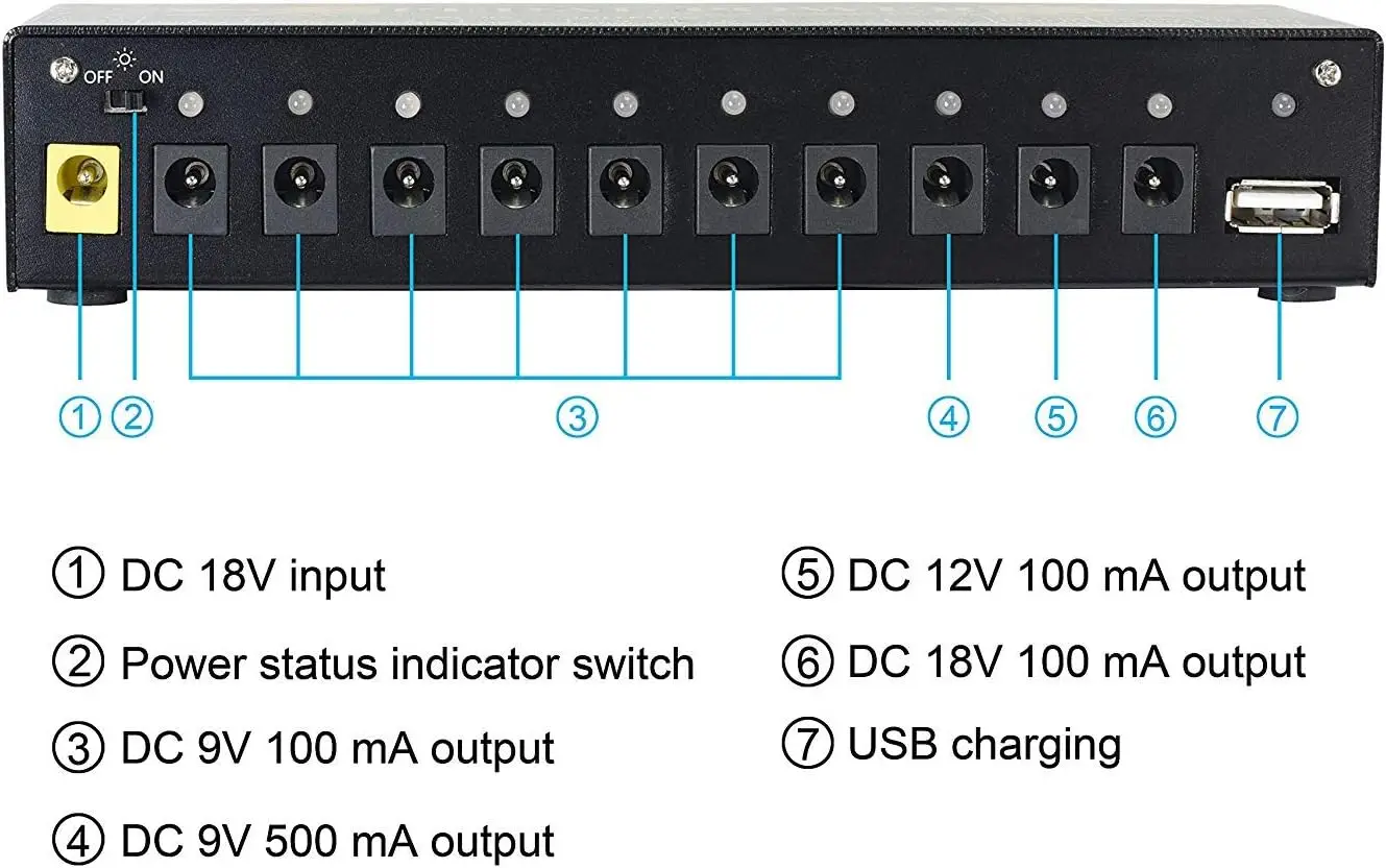 Koogo Guitar Effects Pedal Power Supply 10 Isolated DC Source Output 1USB 5V Port  Effector Power Supply  9V 12V 18V PedalBoard