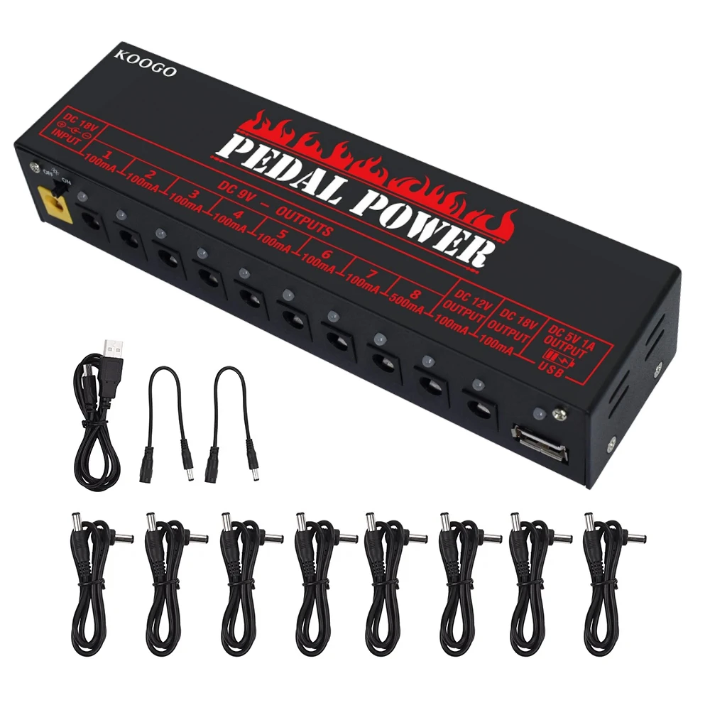 Koogo Guitar Effects Pedal Power Supply 10 Isolated DC Source Output 1USB 5V Port  Effector Power Supply  9V 12V 18V PedalBoard