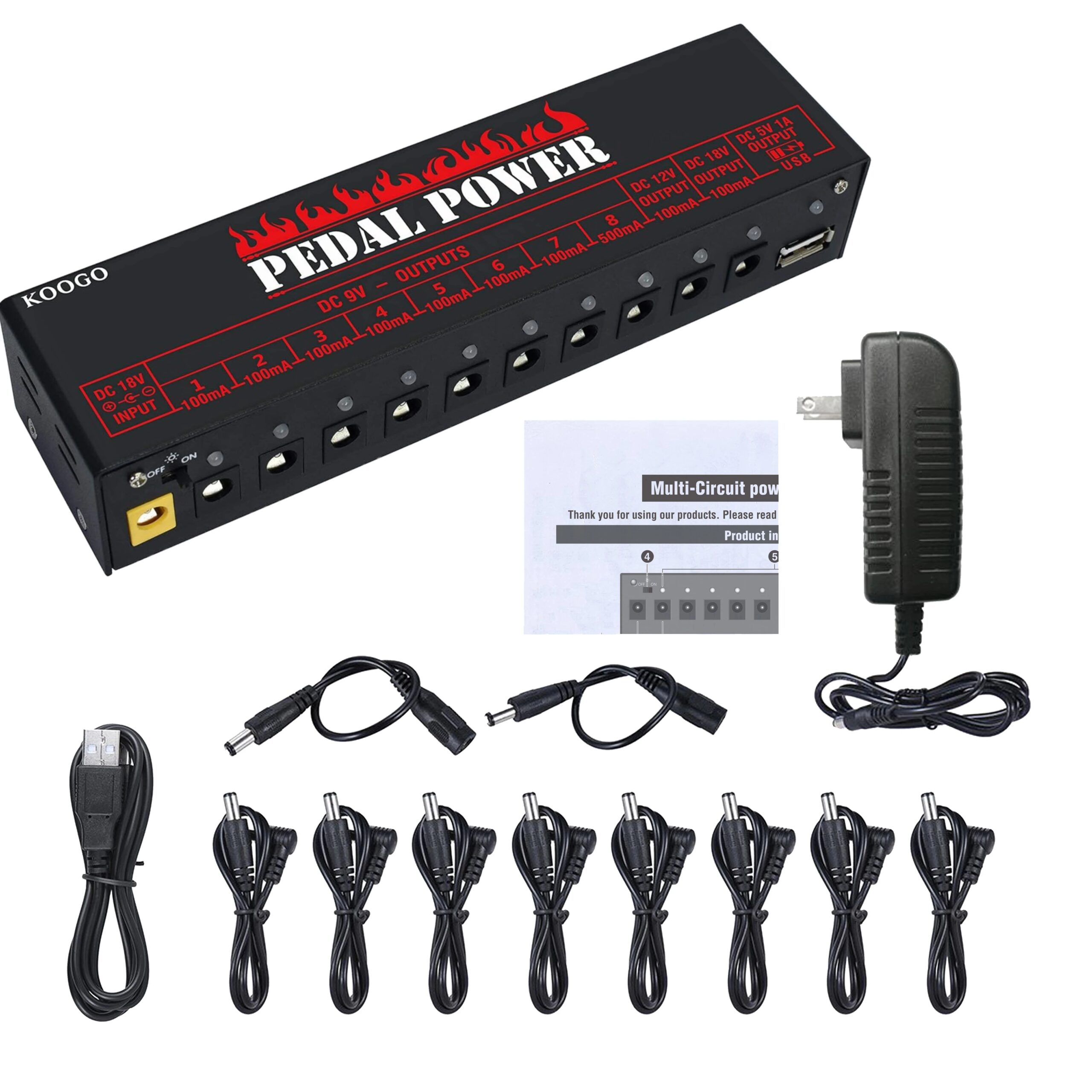 Koogo Guitar Effects Pedal Power Supply 10 Isolated DC Source Output 1USB 5V Port  Effector Power Supply  9V 12V 18V PedalBoard