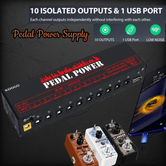 Koogo Guitar Effects Pedal Power Supply 10 Isolated DC Source Output 1USB 5V Port  Effector Power Supply  9V 12V 18V PedalBoard - Image 6