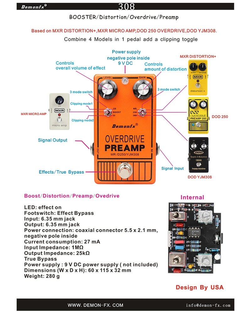 NEW Demonfx High Quality Guitar Bass Effect Pedal Overdrive Distortion Compressor Delay Chorus AutoWah Pedal