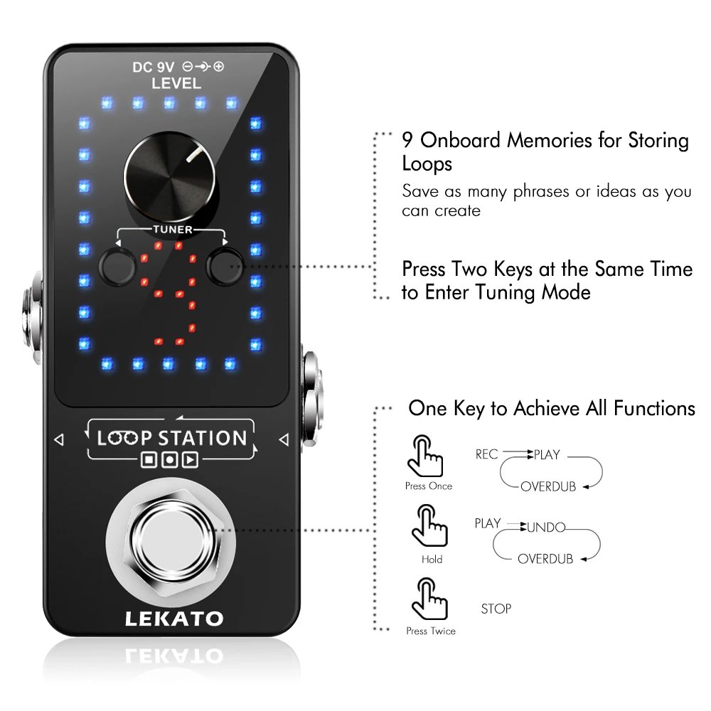 LEKATO Guitar Effect Pedal Looper 9 Loops 40 Minutes Recording Time Loop Station with Tuner Overdub Guitar Looper Musical Sports