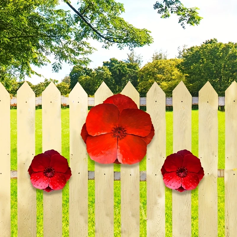 Set of 2 Giant Red Metal Poppy Flowers - Outdoor Wall/Fence Decor for Home, Garden, Spring & Summer Accents