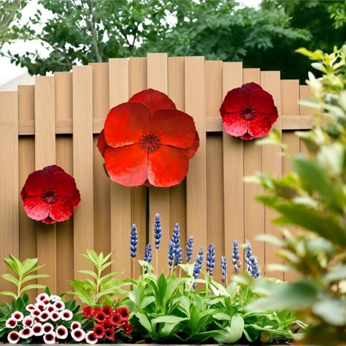 Set of 2 Giant Red Metal Poppy Flowers - Outdoor Wall/Fence Decor for Home, Garden, Spring & Summer Accents