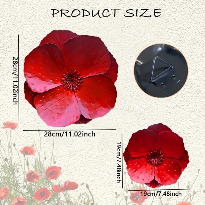 Set of 2 Giant Red Metal Poppy Flowers - Outdoor Wall/Fence Decor for Home, Garden, Spring & Summer Accents - Image 5