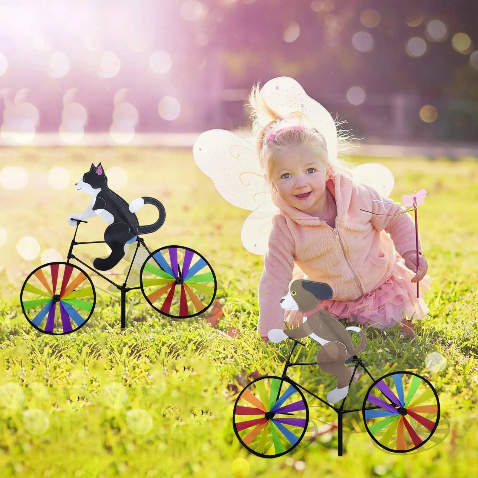 Animal Riding Three-dimensional Cartoon Modelling Windmill Creative Bicycle Wind Spinners Standing Pole Garden Yard Decoration