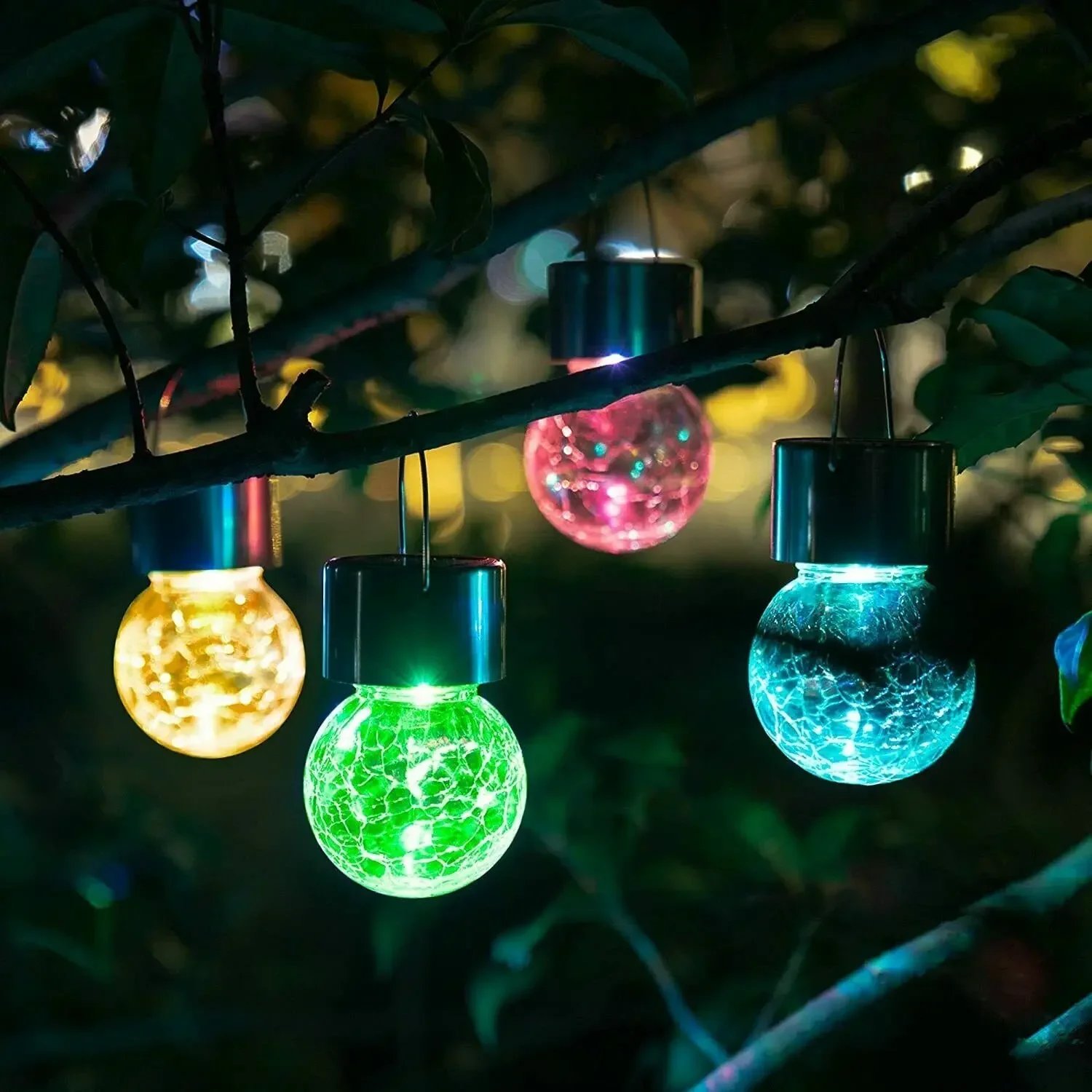 Artistic Cracked Glass Solar Lights Hanging LED Orbs Energy-Saving for Tree Branches & Porch Decorations Outdoor Lighting
