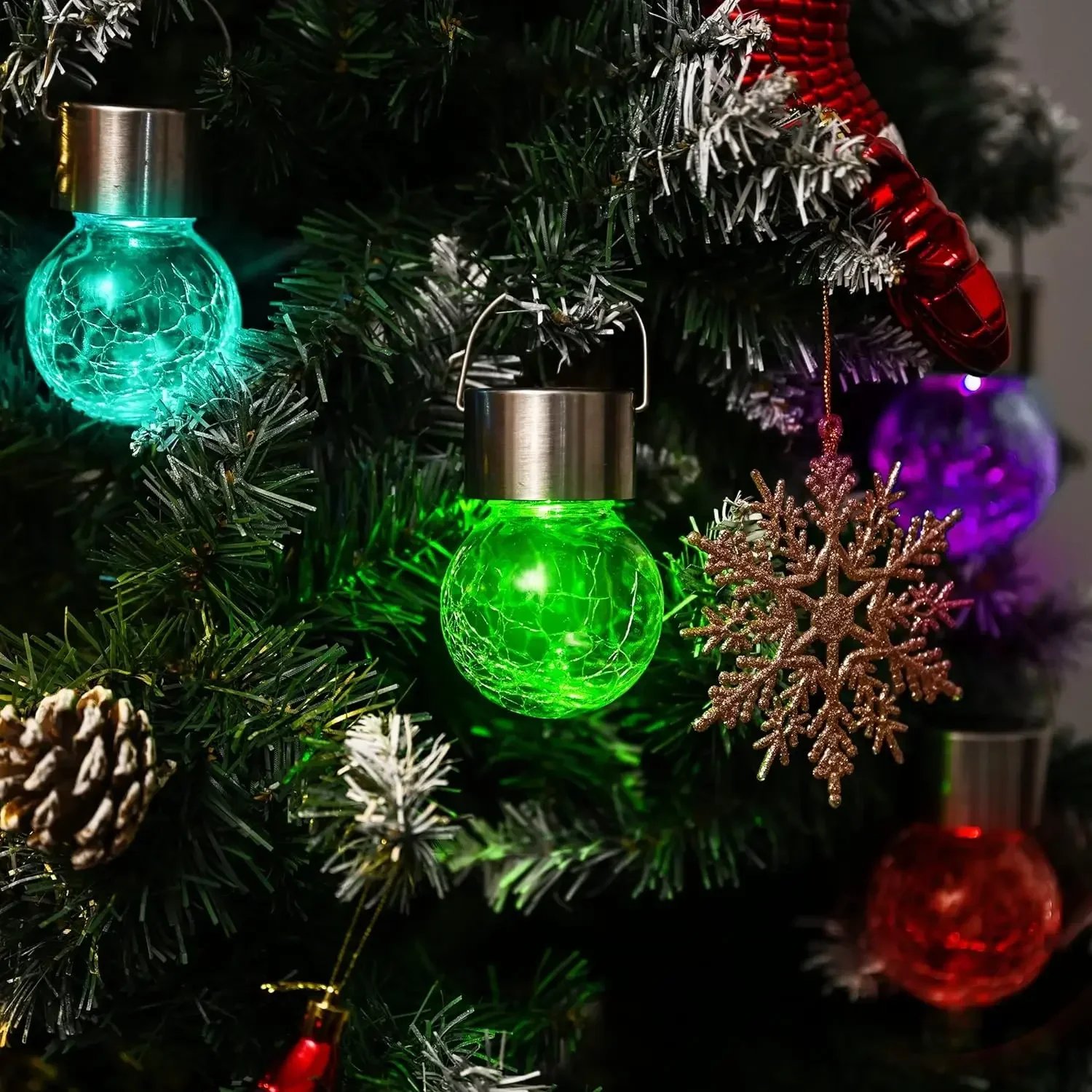 Artistic Cracked Glass Solar Lights Hanging LED Orbs Energy-Saving for Tree Branches & Porch Decorations Outdoor Lighting