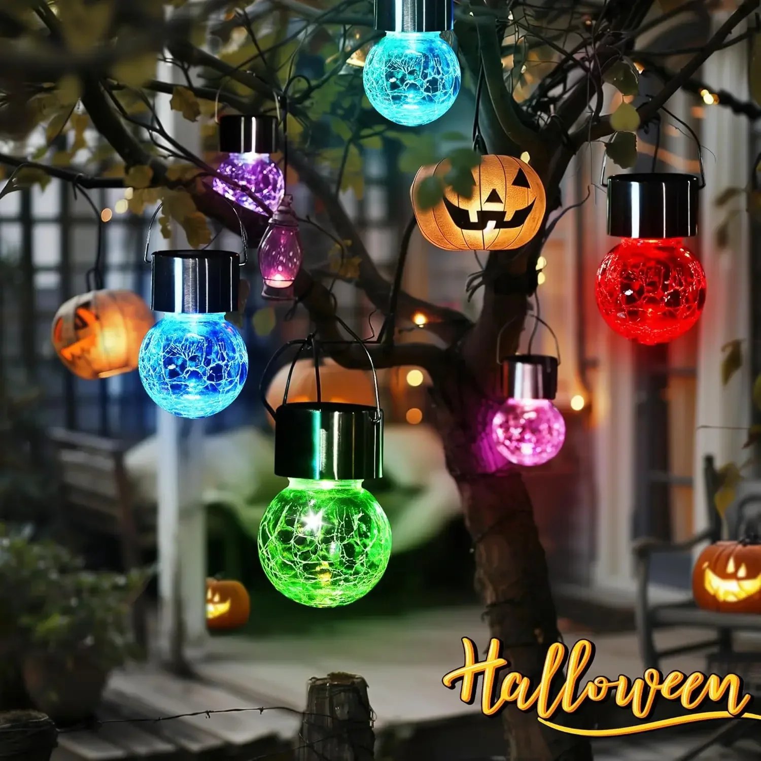 Artistic Cracked Glass Solar Lights Hanging LED Orbs Energy-Saving for Tree Branches & Porch Decorations Outdoor Lighting