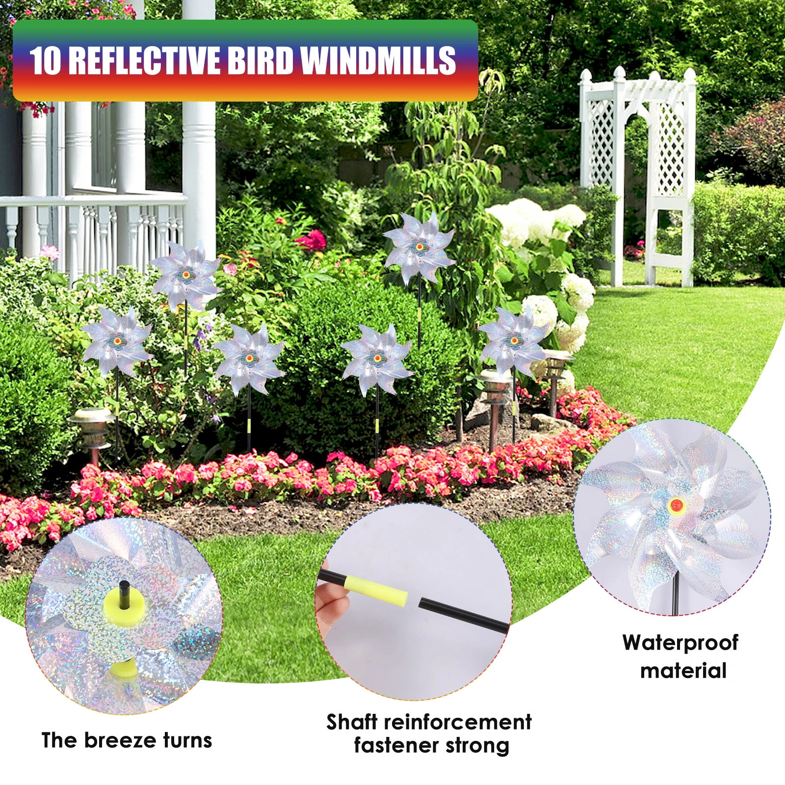10Pcs Wind Spinner Plastic Reflective Bird Repellent Windmill Garden Pinwheels Decoration Child Windmill for Outdoor Courtyard