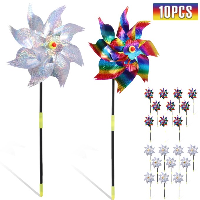 10Pcs Wind Spinner Plastic Reflective Bird Repellent Windmill Garden Pinwheels Decoration Child Windmill for Outdoor Courtyard