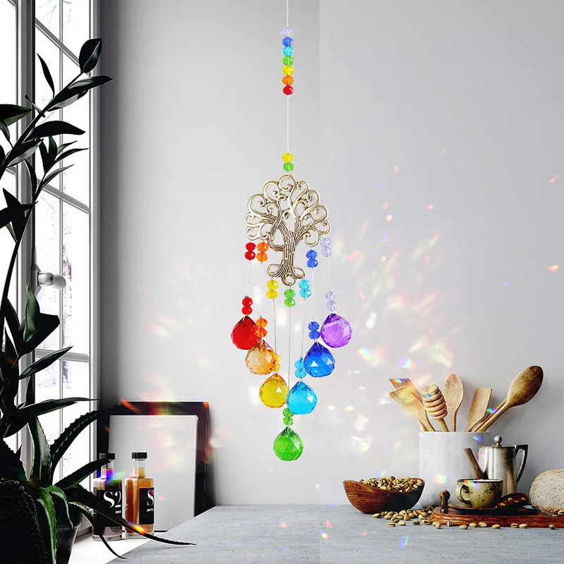 Colorful Crystal Sun Catchers Prisms Window Wind Chime Chain Hanging Pendant Decoration Tree Shape Home Garden Decor 풍령