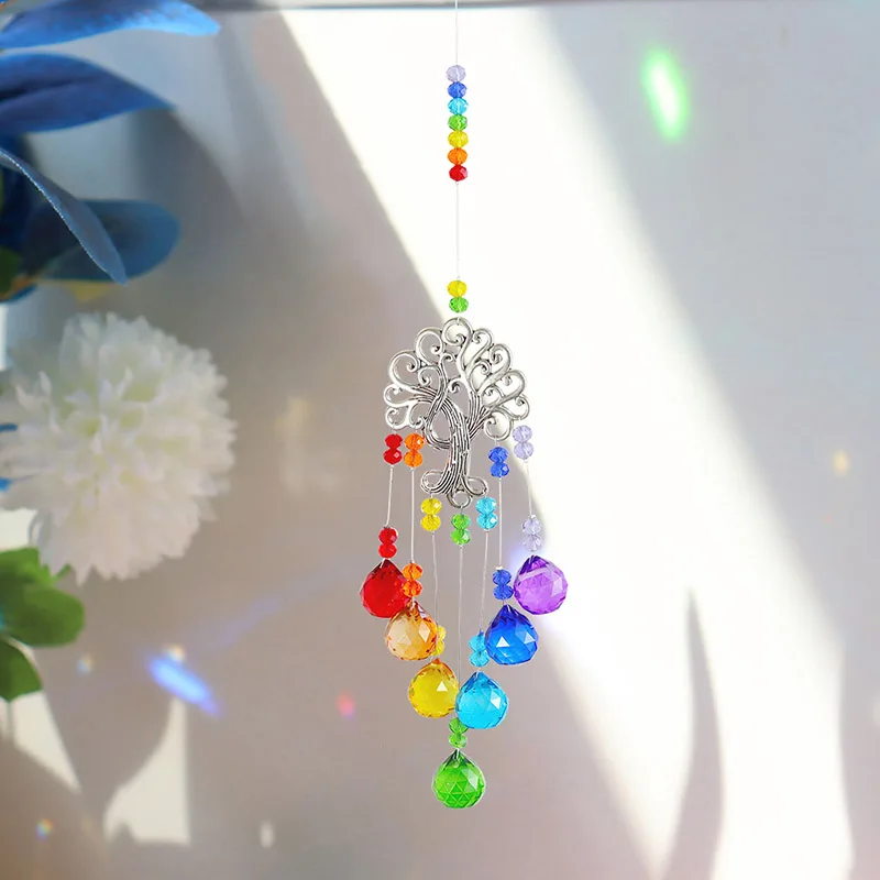 Colorful Crystal Sun Catchers Prisms Window Wind Chime Chain Hanging Pendant Decoration Tree Shape Home Garden Decor 풍령