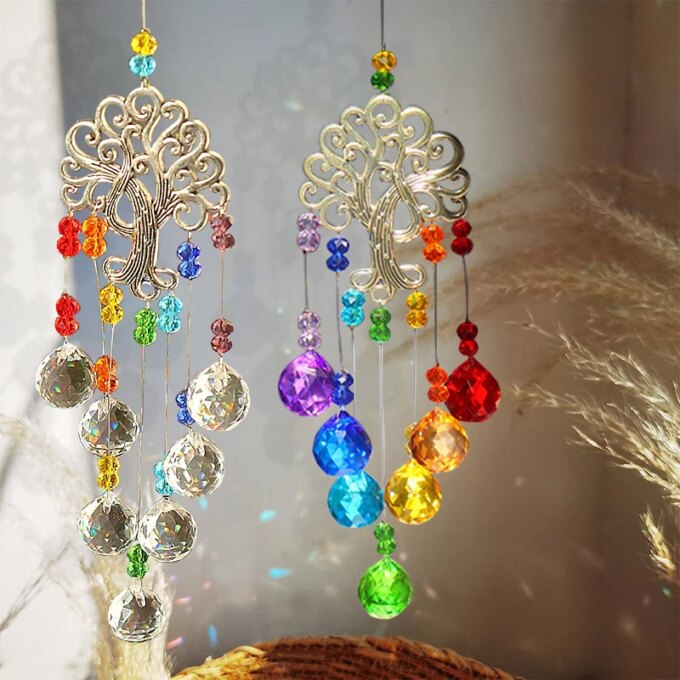 Colorful Crystal Sun Catchers Prisms Window Wind Chime Chain Hanging Pendant Decoration Tree Shape Home Garden Decor 풍령