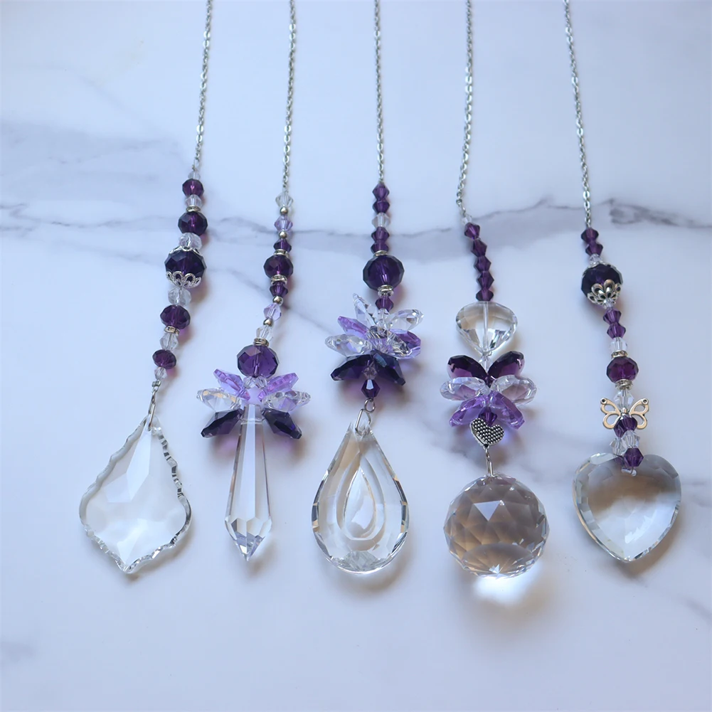 Purple Crystals Wind Chime Sun Catchers Diamond Prisms Window Curtains Hanging Rainbow Chaser Pendant Dream Catcher Garden Decor