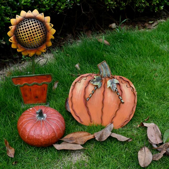 18 Inch & 12 Inch Height Metal Fall Pumpkin Decor Set, Indoor Outdoor Standing Flat Pumpkin Decoration for Autumn Halloween - Image 5