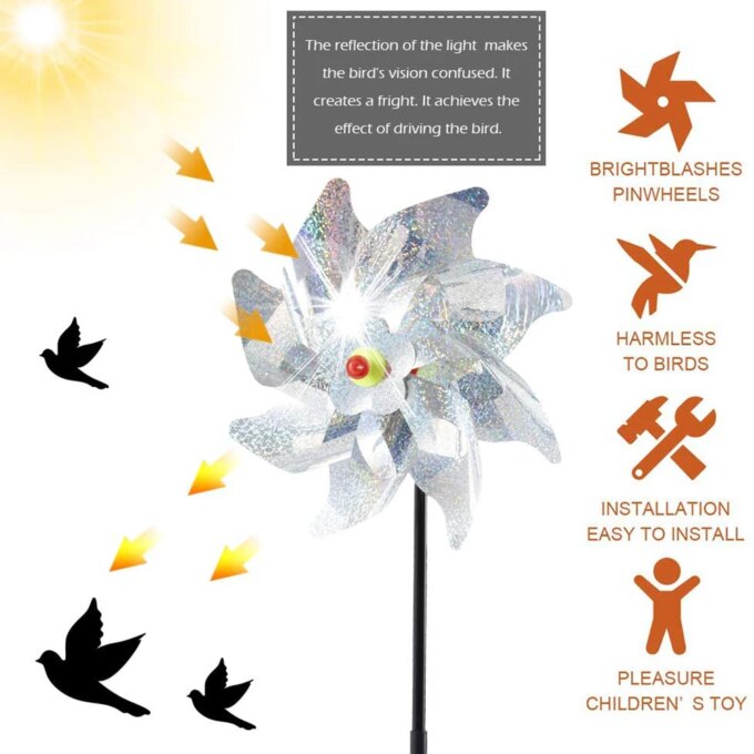 8 Leaves Bird Repeller Windmill Spinner DIY Birds Deterrent Silver Pinwheels for Outdoor Garden Lawn Yard Decoration Wind Mill