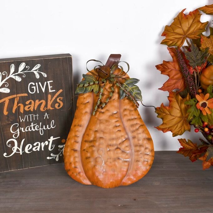 1pc 13.5''H Standing Metal Pumpkin Fall Decor Outdoor Pumpkin Decoration, Autumn Harvest Halloween Thanksgiving Decorative Gift