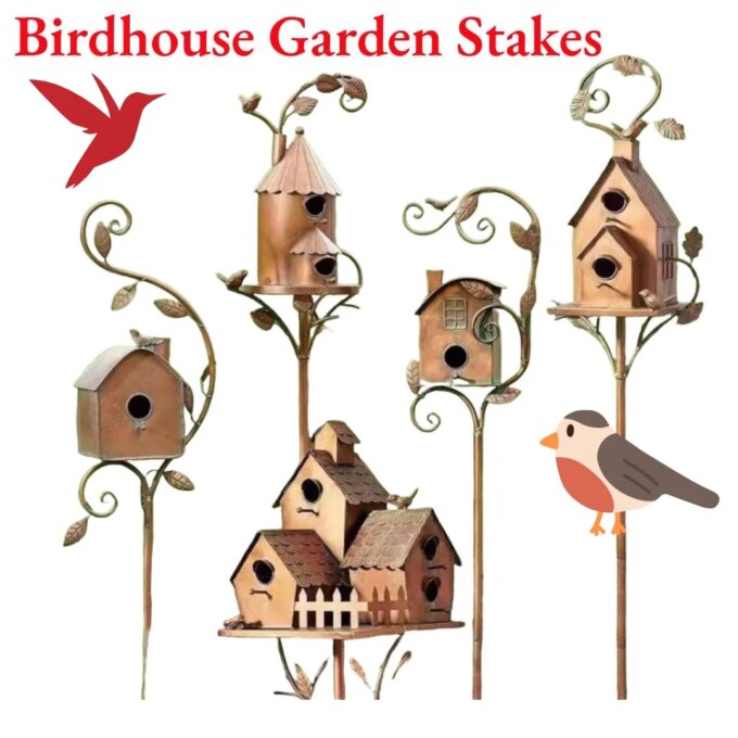 Birdhouse Garden Stakes Metal Bird House with Pole Bird Houses for Outside with Pole for Outdoor Garden Yard Decoration