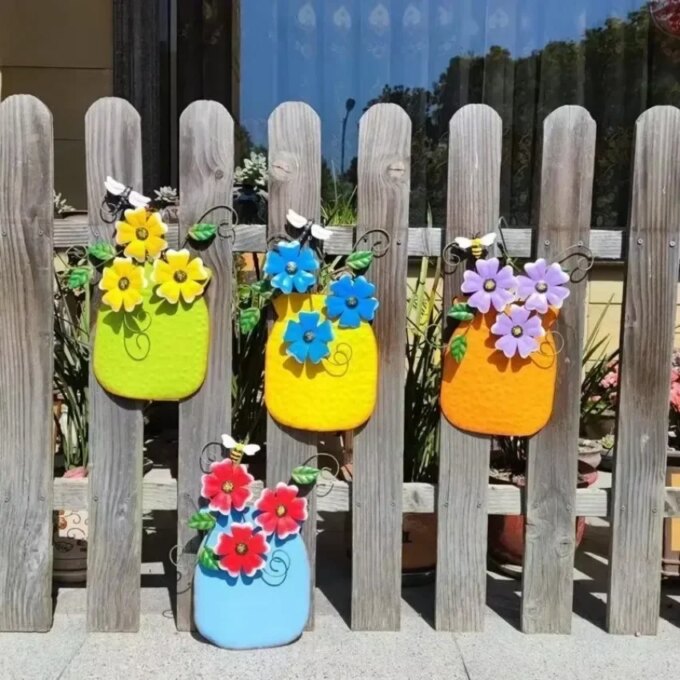 Metal Flower Garden Vases Wall Decor Outdoor Fence Art Patio Sculptures Hanging Decorations for Patio and Garden - Image 5