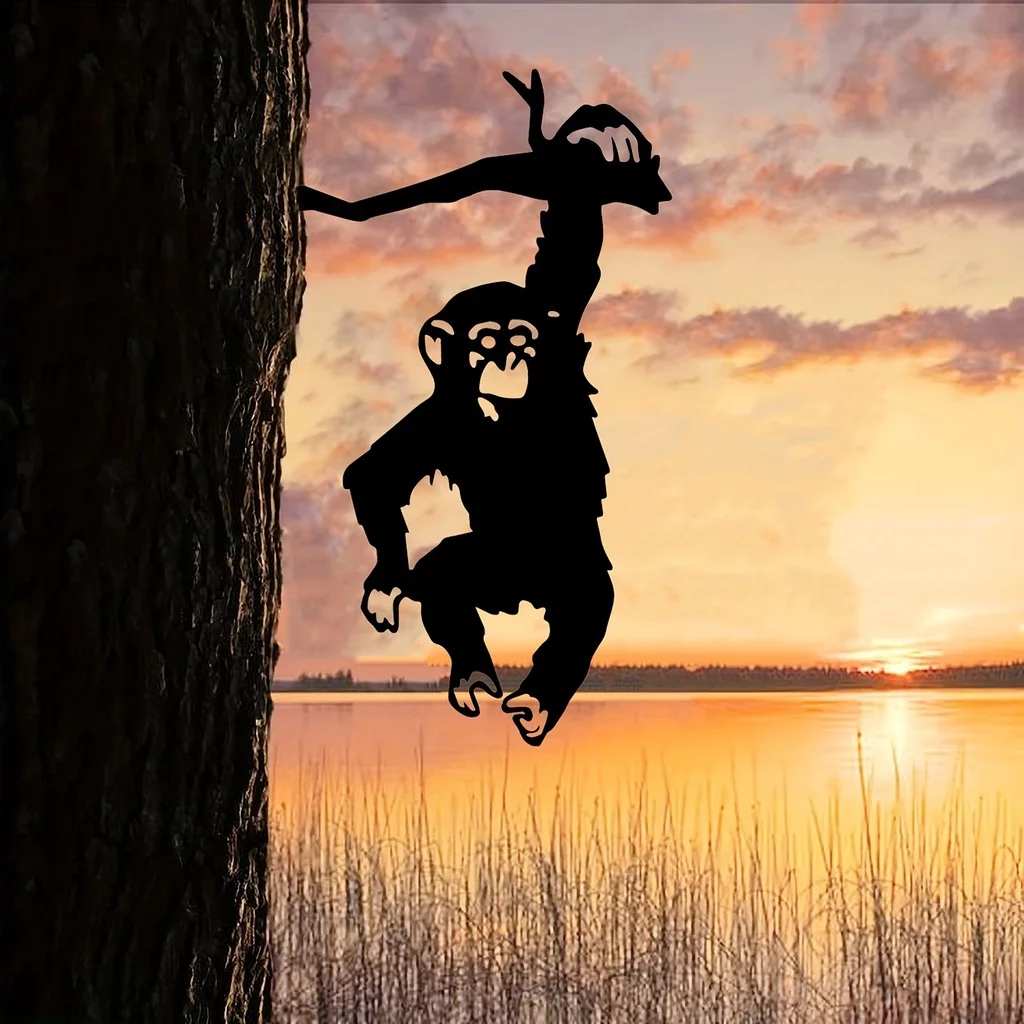 HelloYoung Monkey Hanging On The Branch Garden Stake, Yard Art Decor, Silhouette Metal Wall Art Home Garden Patio Outdoor Statue