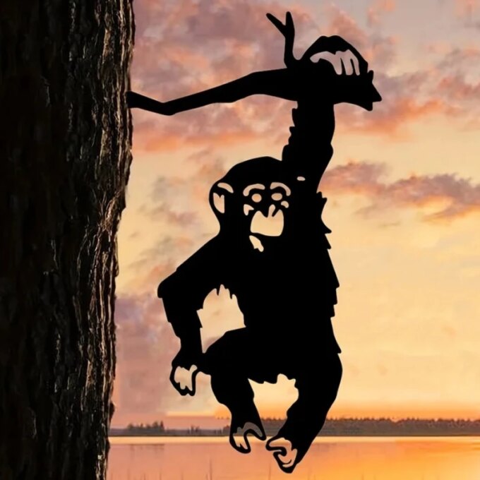 HelloYoung Monkey Hanging On The Branch Garden Stake, Yard Art Decor, Silhouette Metal Wall Art Home Garden Patio Outdoor Statue