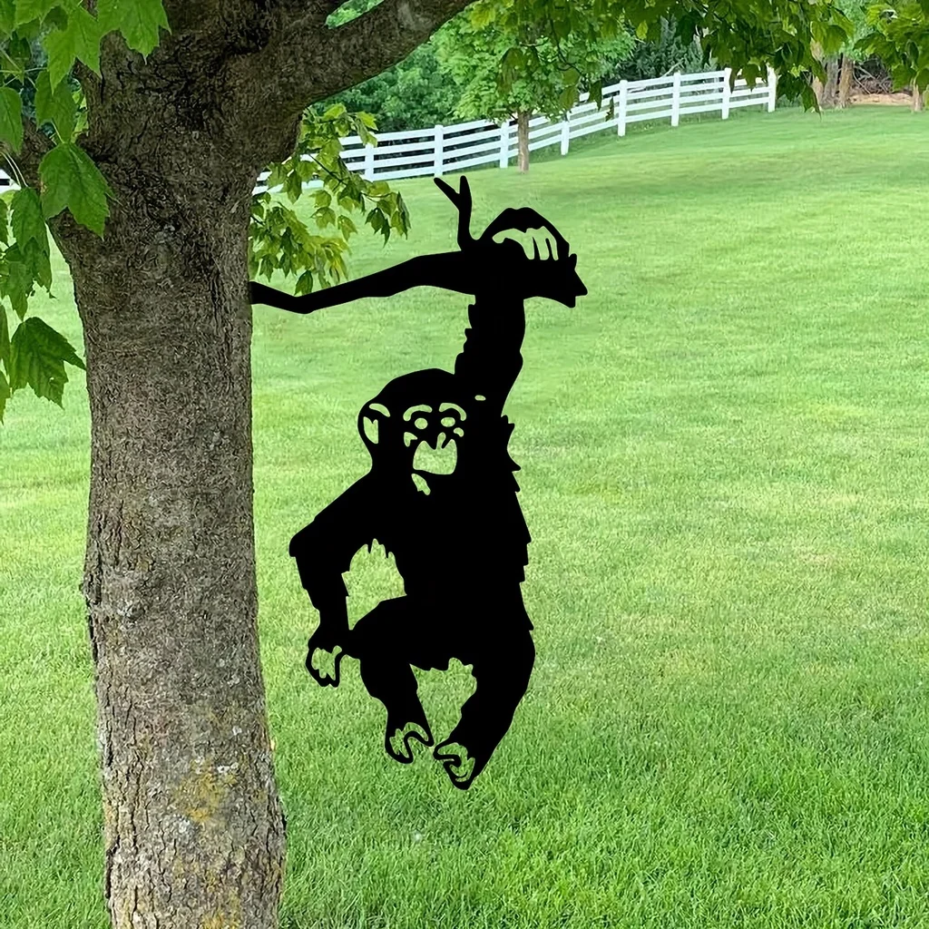 HelloYoung Monkey Hanging On The Branch Garden Stake, Yard Art Decor, Silhouette Metal Wall Art Home Garden Patio Outdoor Statue