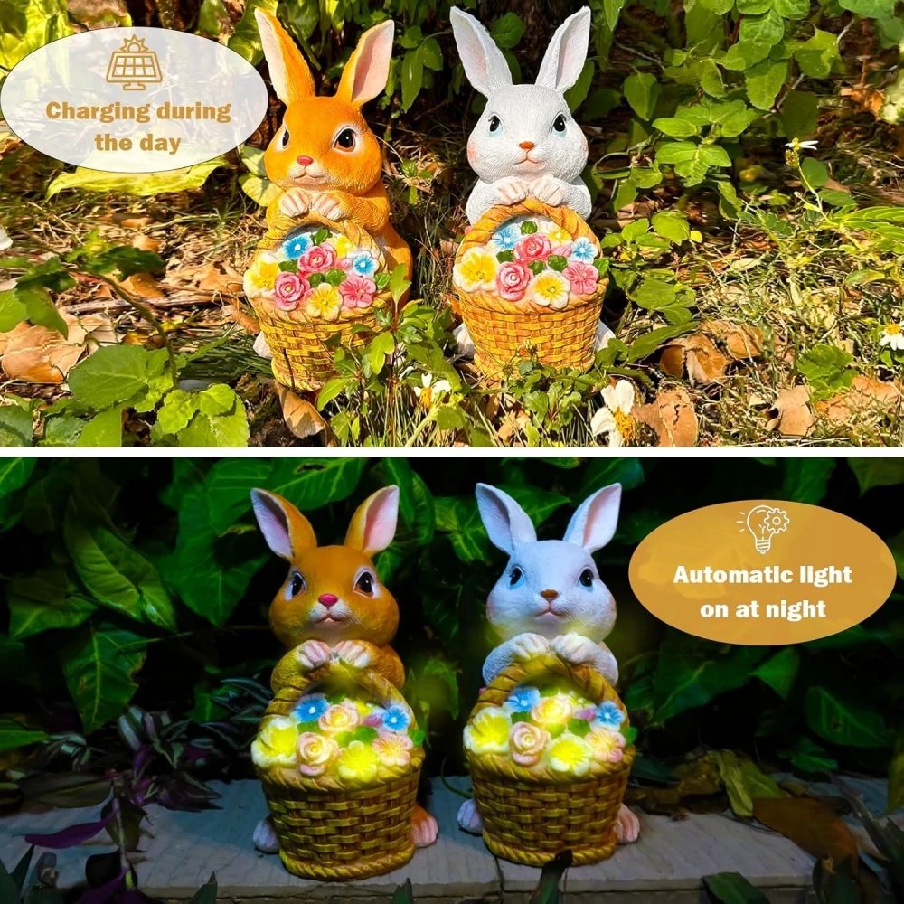 Solar Garden Statues Rabbit & Flowers Decor Outdoor Indoor with LED Light Mothers Day Gardening Gifts Bunny Lawn Statue Ornament