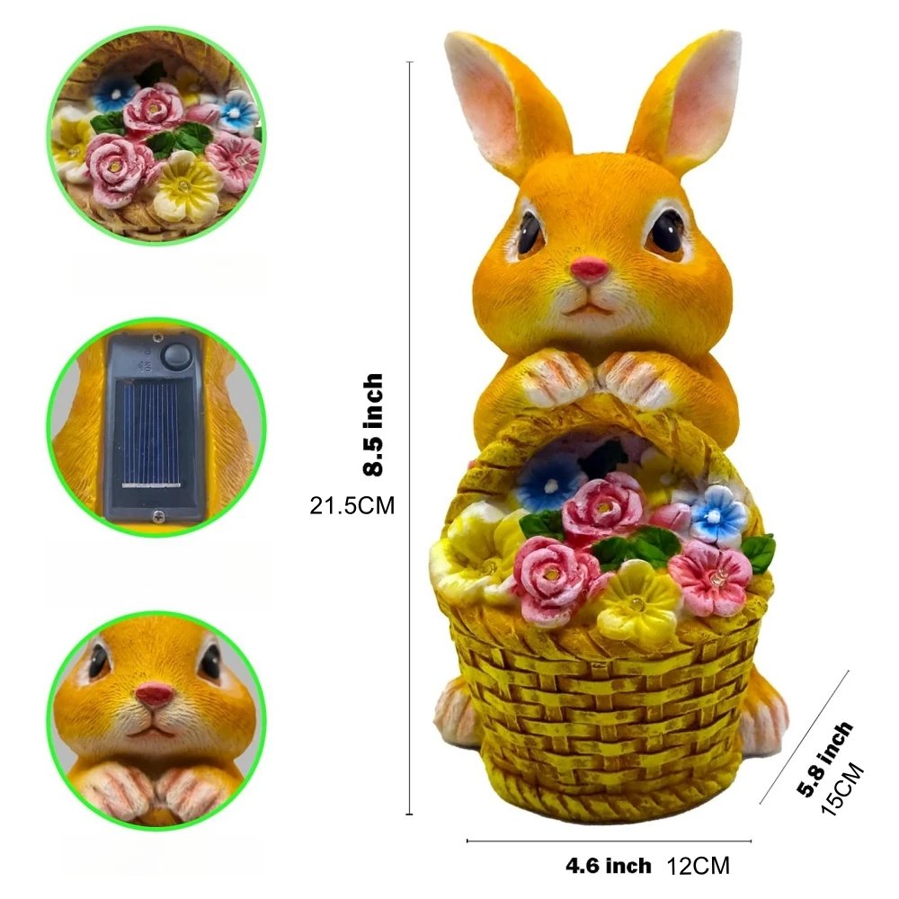 Solar Garden Statues Rabbit & Flowers Decor Outdoor Indoor with LED Light Mothers Day Gardening Gifts Bunny Lawn Statue Ornament